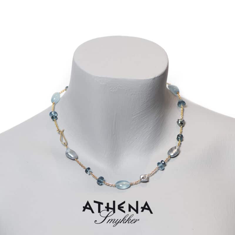 Guld halskæde med tahitiperler, aquamariner og London blå topas