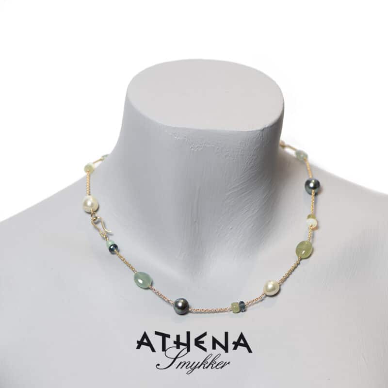Guld viklekæde med aquamarin, opal, chrysopras, topas, tahiti og south sea perler